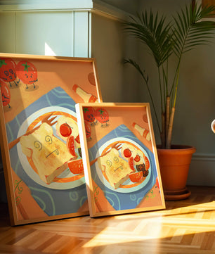 Whimsical Breakfast with Animated Tomatoes and Toast on a Bright Plate