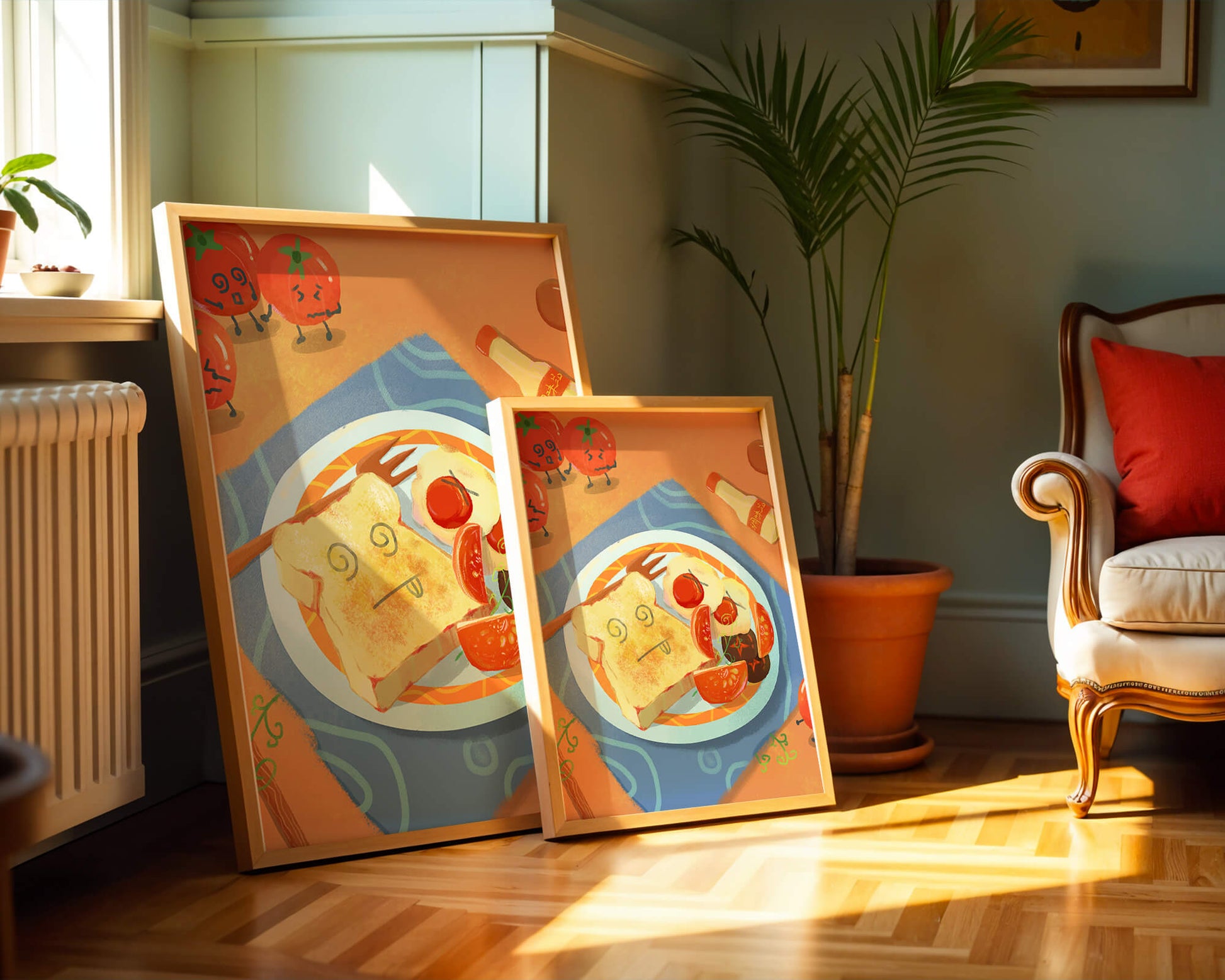 Desayuno caprichoso con tomates animados y tostadas en un plato brillante