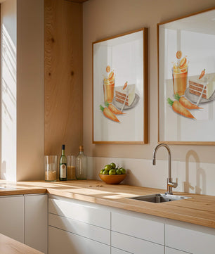 Illustration von Karottenkuchen und Saft mit frischen Karotten