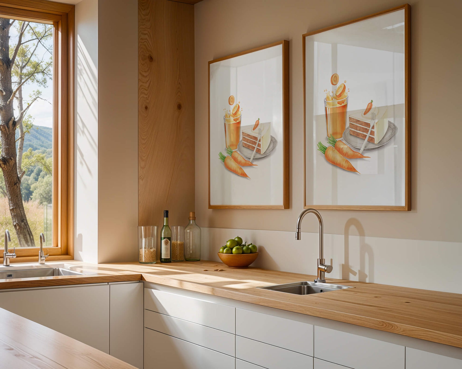 Illustration von Karottenkuchen und Saft mit frischen Karotten