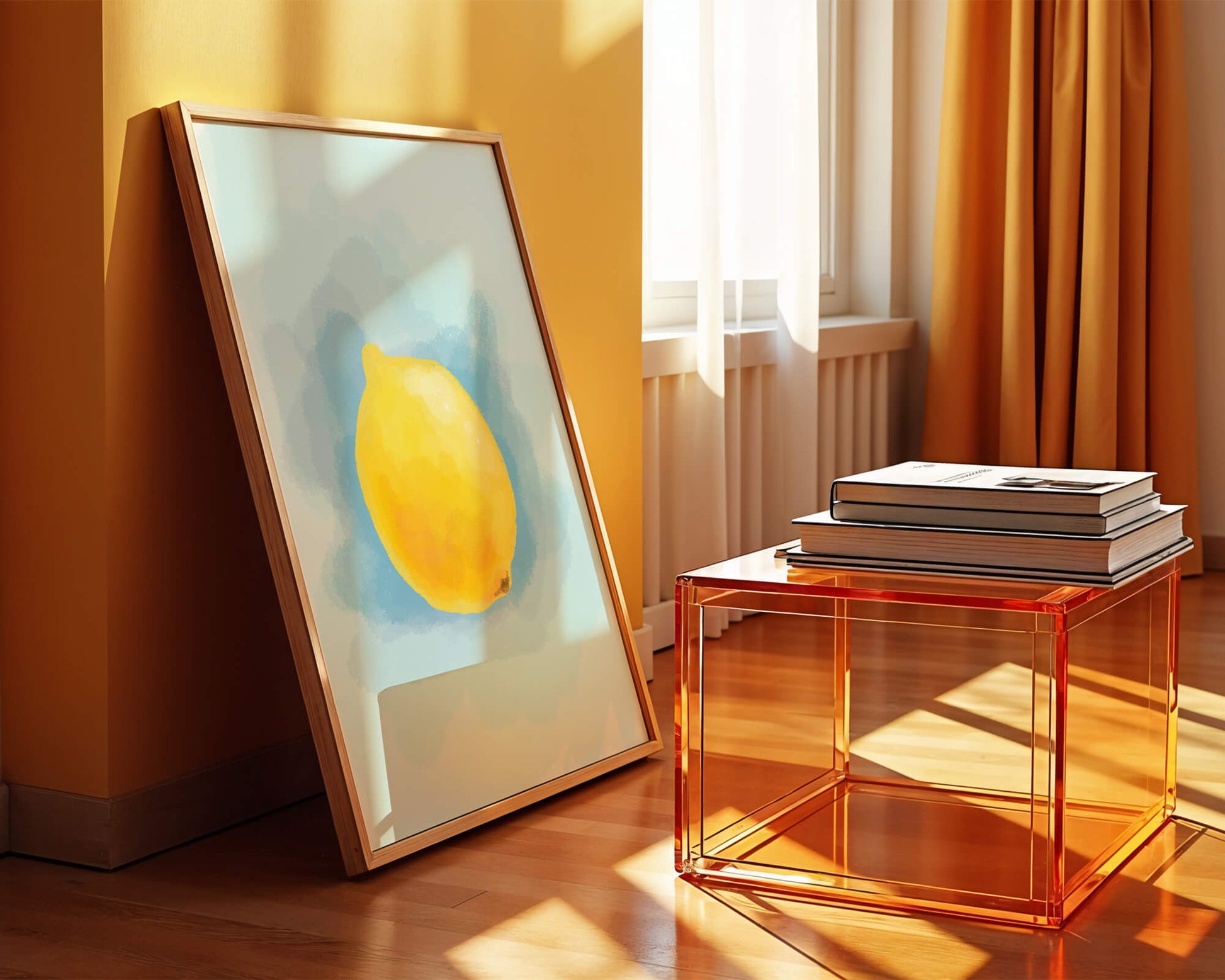 Watercolor artwork of a lemon on a blue background