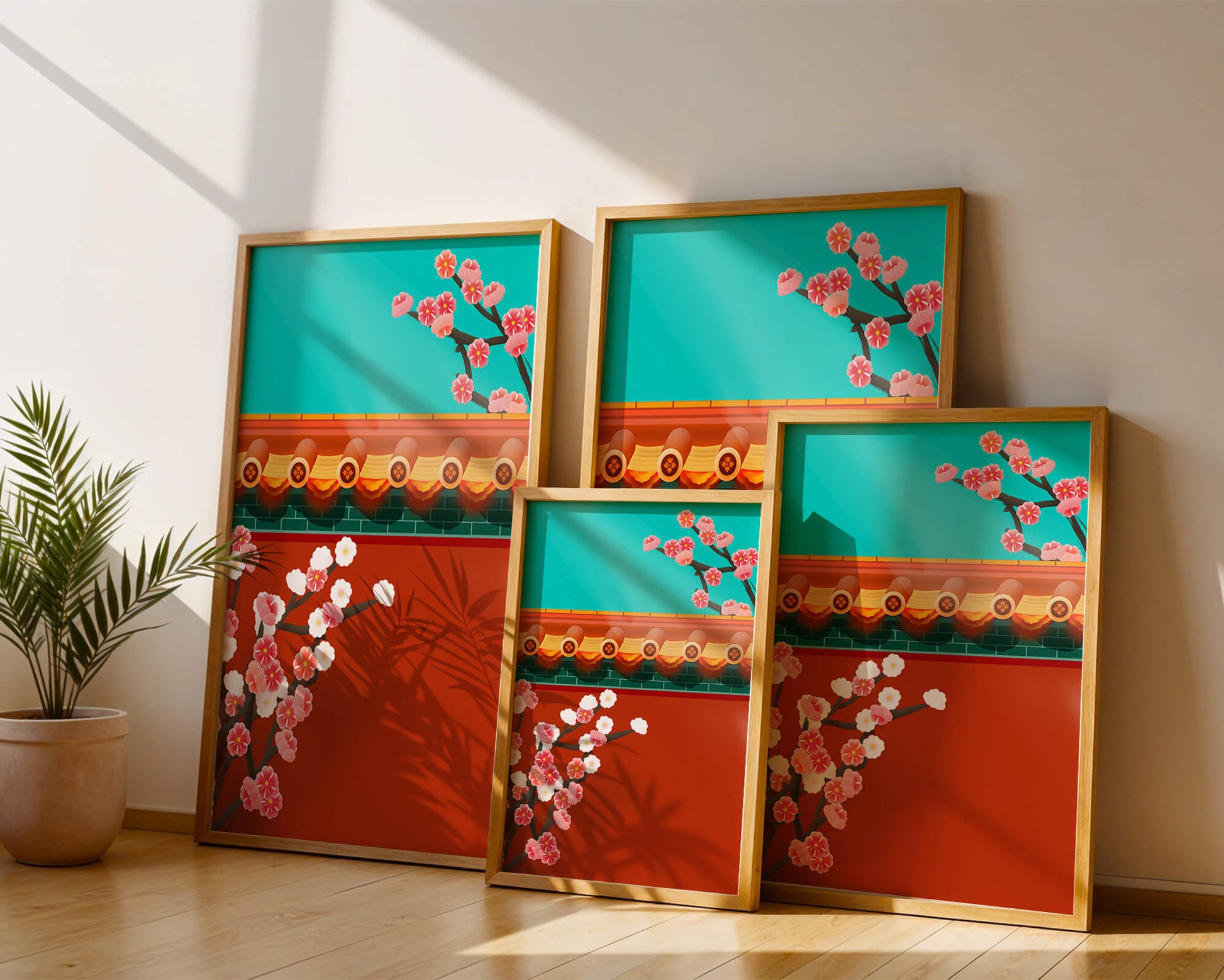 Traditional Asian architecture with cherry blossoms