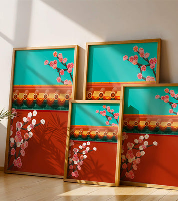 Traditional Asian architecture with cherry blossoms