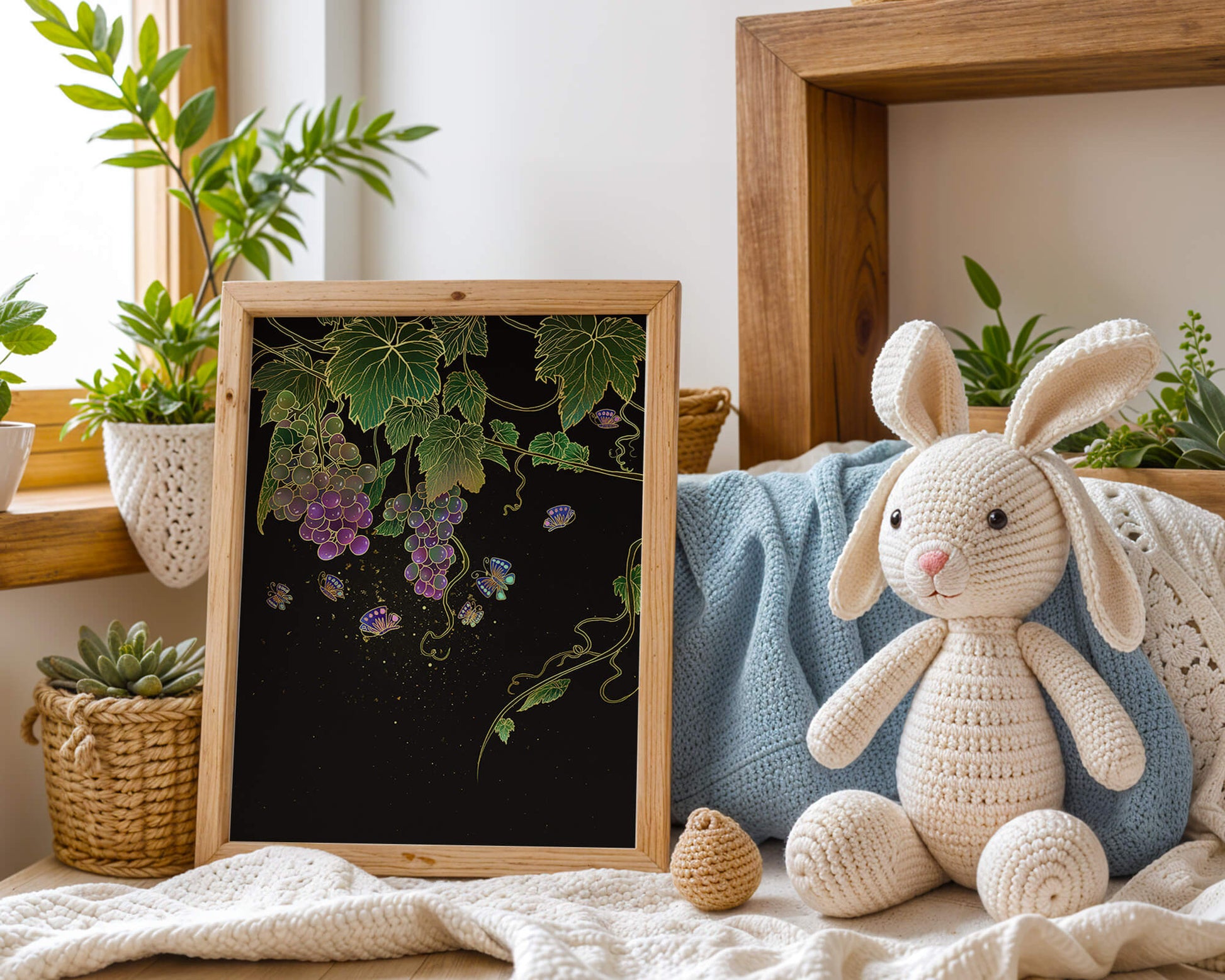 Uvas elegantes y mariposas sobre un fondo oscuro