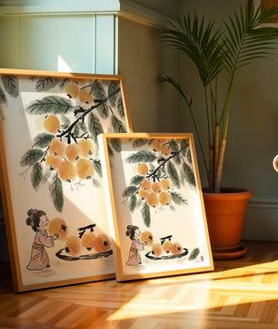 Arte japonés con una niña recogiendo caquis bajo un árbol
