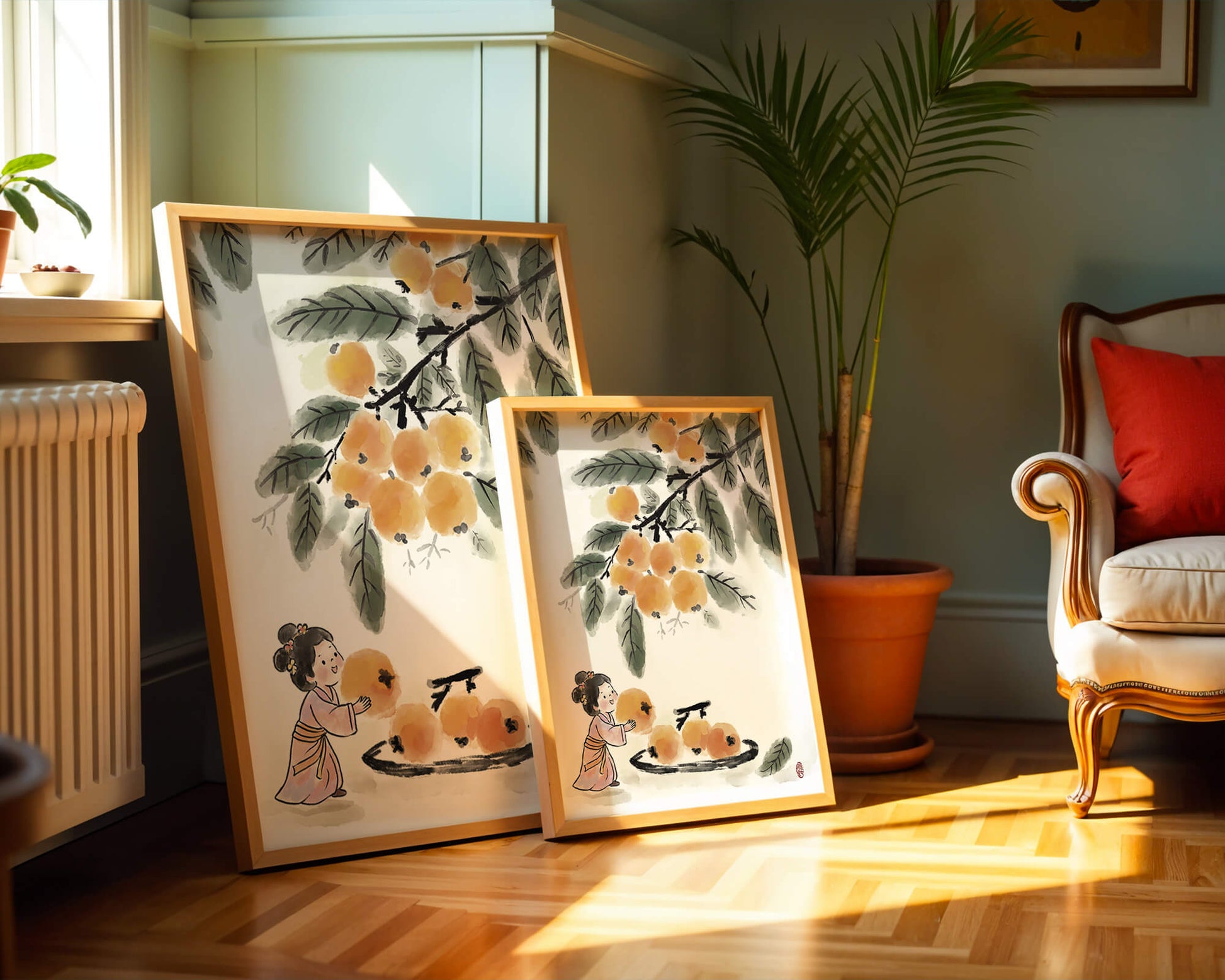 Arte japonés con una niña recogiendo caquis bajo un árbol