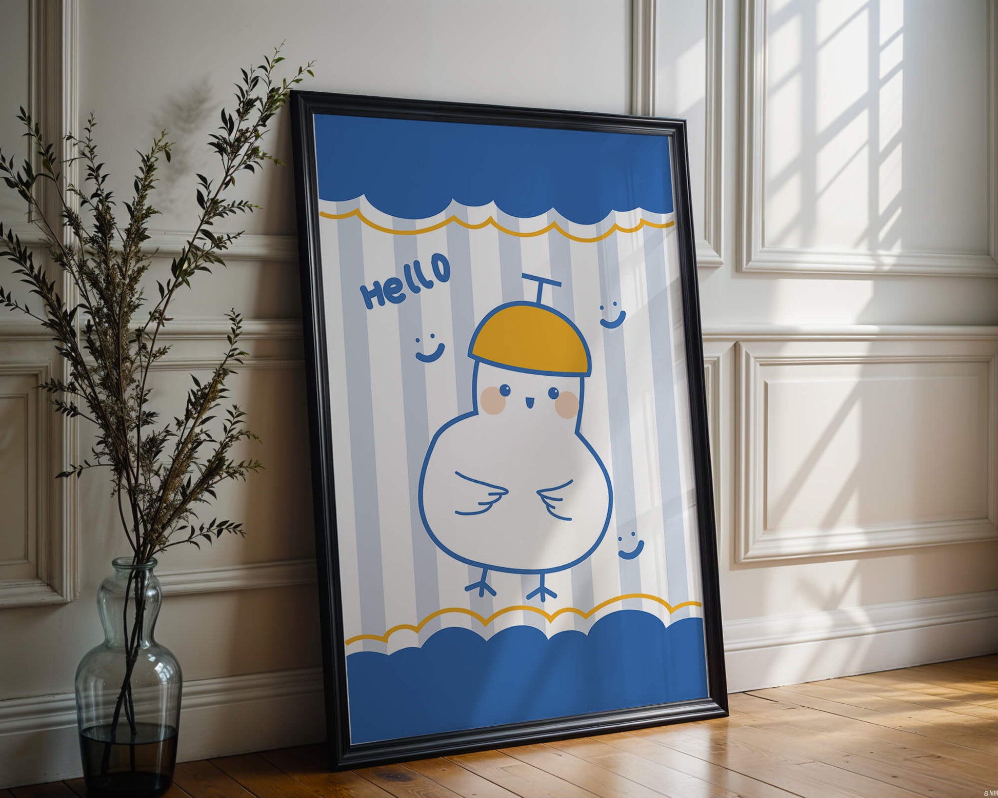 Cartoon bird illustration with cheerful design elements