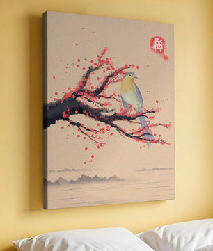 Oiseau serein sur une branche de cerisier dans le style artistique asiatique traditionnel