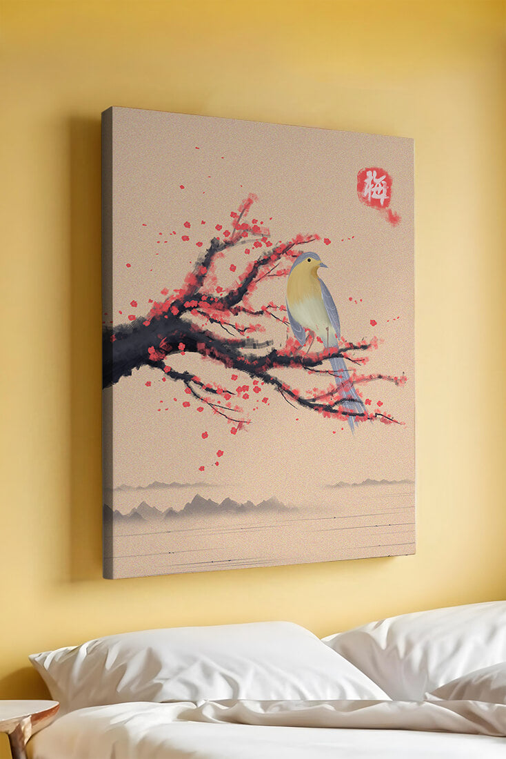 Serene bird on cherry blossom branch in traditional Asian art style
