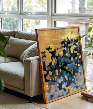 Arte abstracto con dorado y pinceladas coloridas