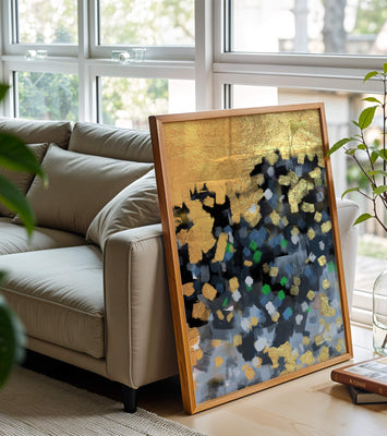 Abstract art with gold and colorful brushstrokes