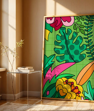 Colorful botanical illustration with vibrant tropical elements