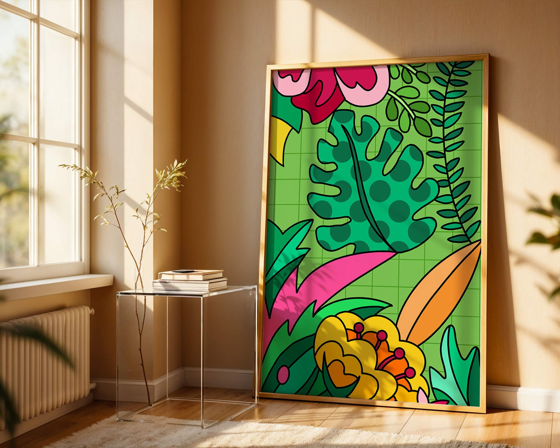 Colorful botanical illustration with vibrant tropical elements