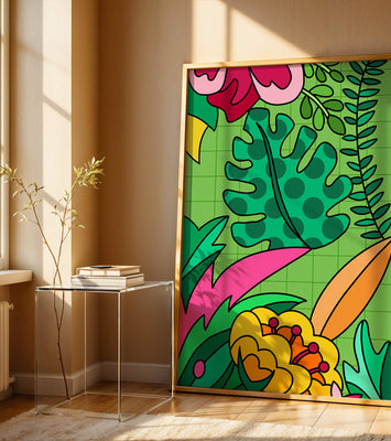 Colorful botanical illustration with vibrant tropical elements