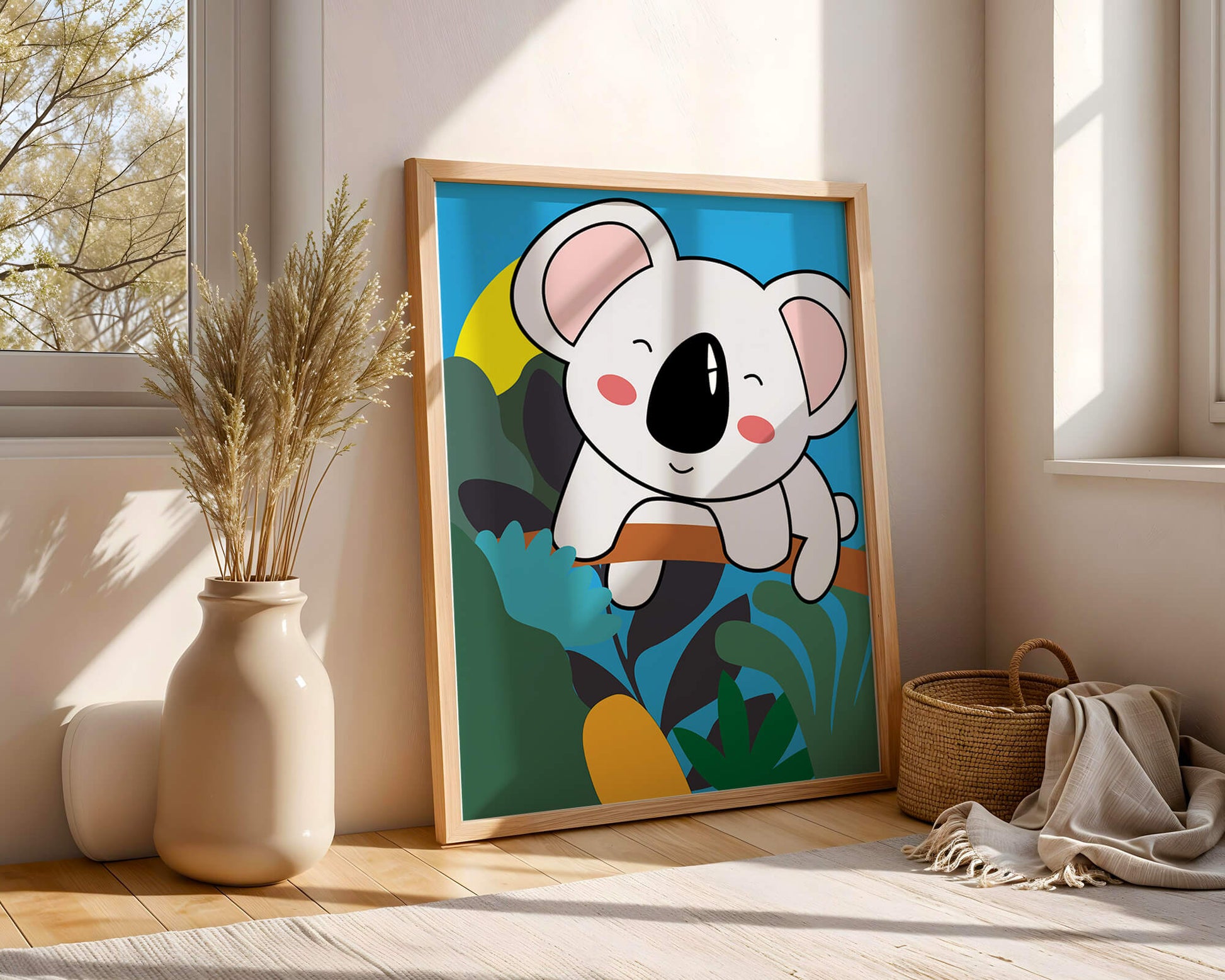 Charming illustrated koala on a branch with vibrant background