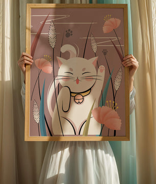 Ilustración de un gato maneki-neko en un entorno de jardín floral
