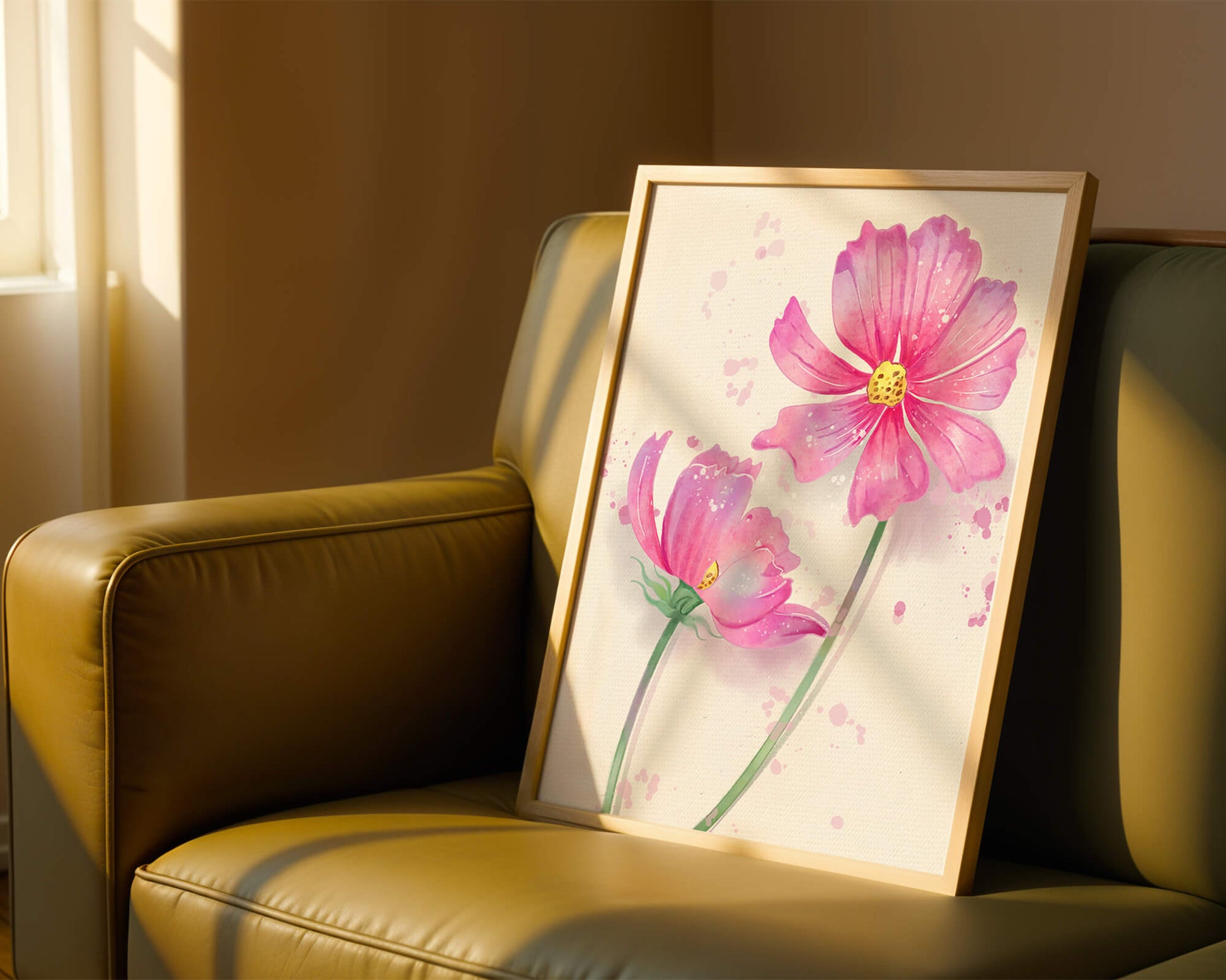 Flores delicadas en acuarela rosada con salpicaduras artísticas en lienzo