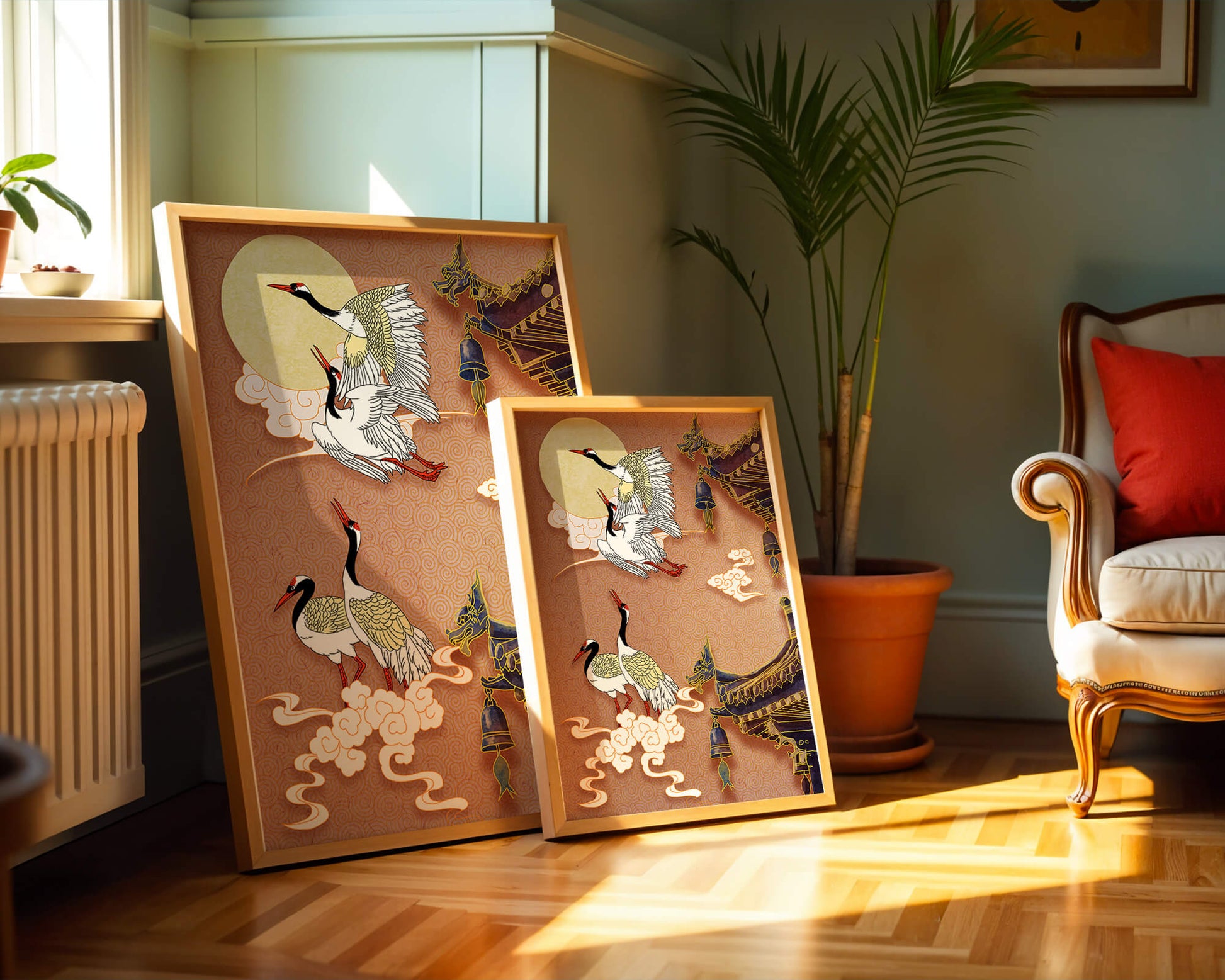 Oriental crane art with golden accents and architectural design