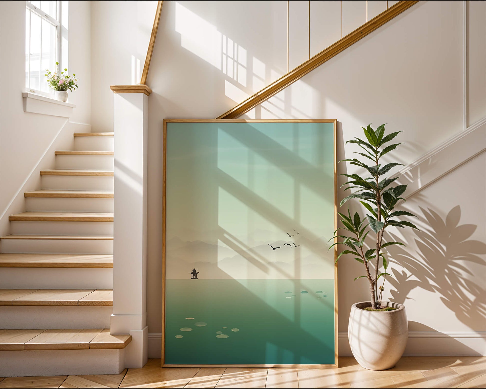 Serene landscape with pagoda and birds over a misty lake