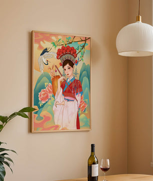 Elegante traditionelle chinesische Illustration mit einer Frau in lebendiger Kleidung mit Blumen- und Tiermotiven