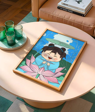 Whimsical illustration of a joyful child with lotus and umbrella