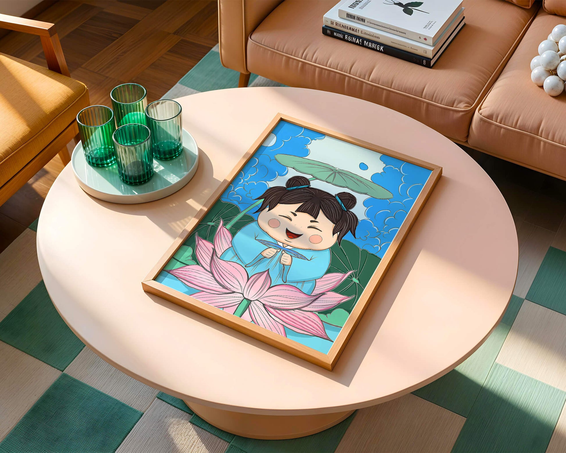 Whimsical illustration of a joyful child with lotus and umbrella