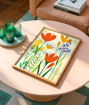 Bright Floral Illustration with Orange, Yellow, and Purple Flowers in Bold Colors