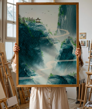 Paisaje montañoso sereno con pagoda y río serpenteante