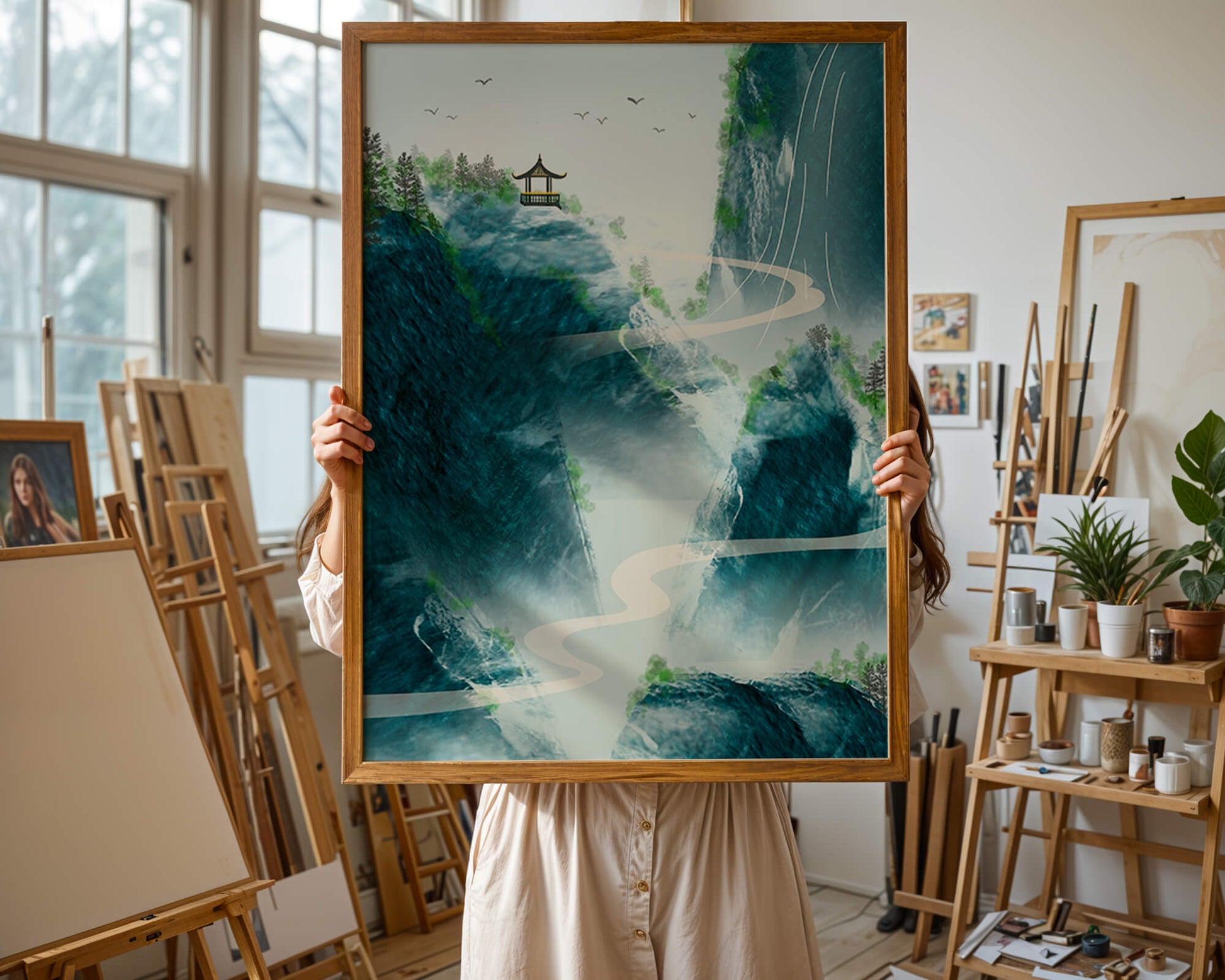 Paisaje montañoso sereno con pagoda y río serpenteante
