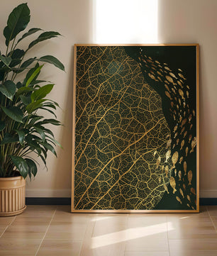 Hoja abstracta con patrón geométrico y siluetas de peces