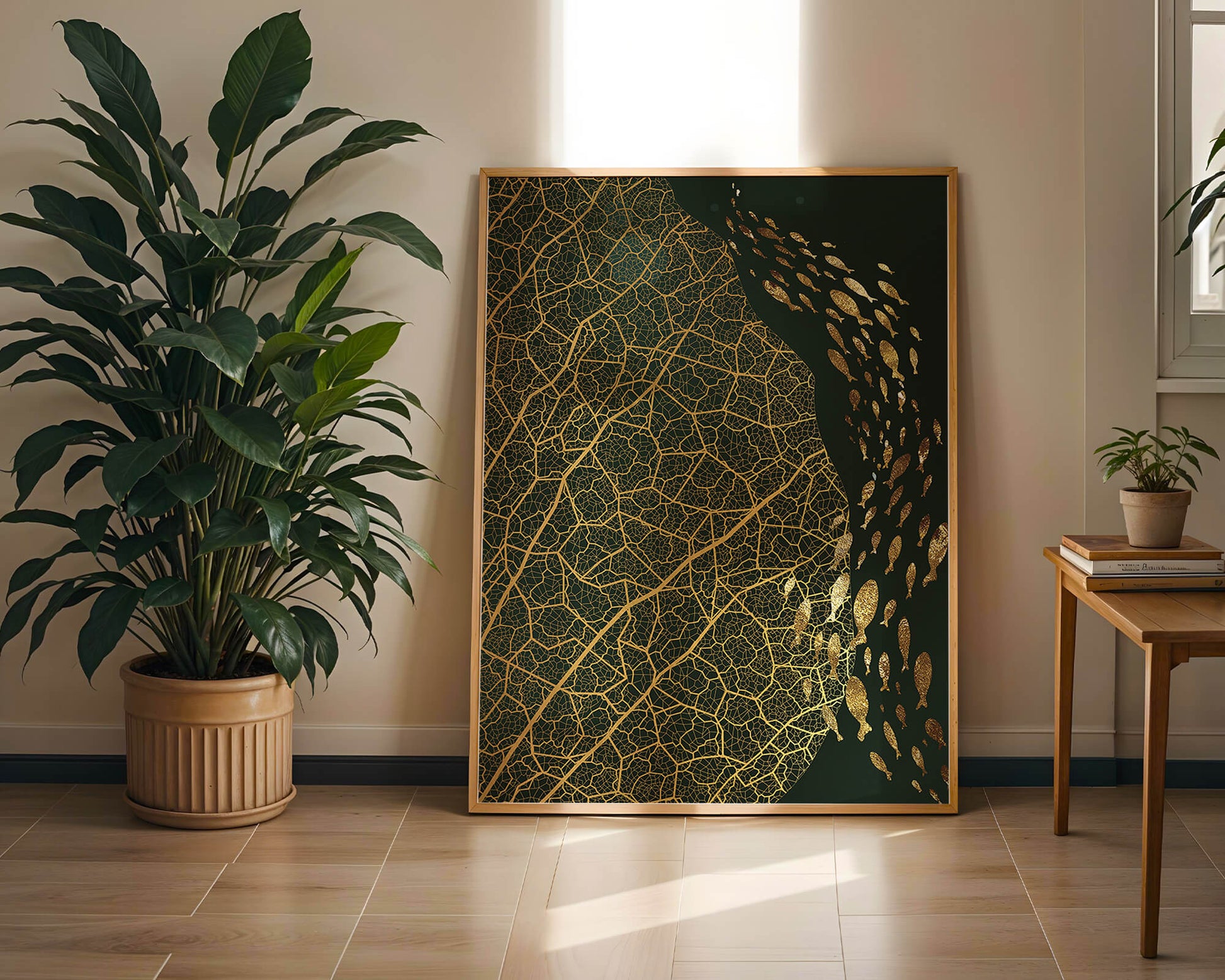 Hoja abstracta con patrón geométrico y siluetas de peces