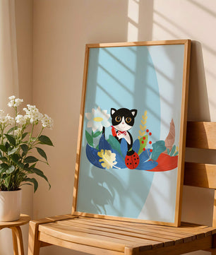 Ilustración de un gato con mariquita y flores sobre fondo azul claro