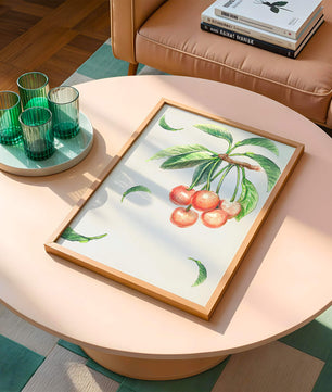 Ilustración realista de rama de cerezo con hojas verdes