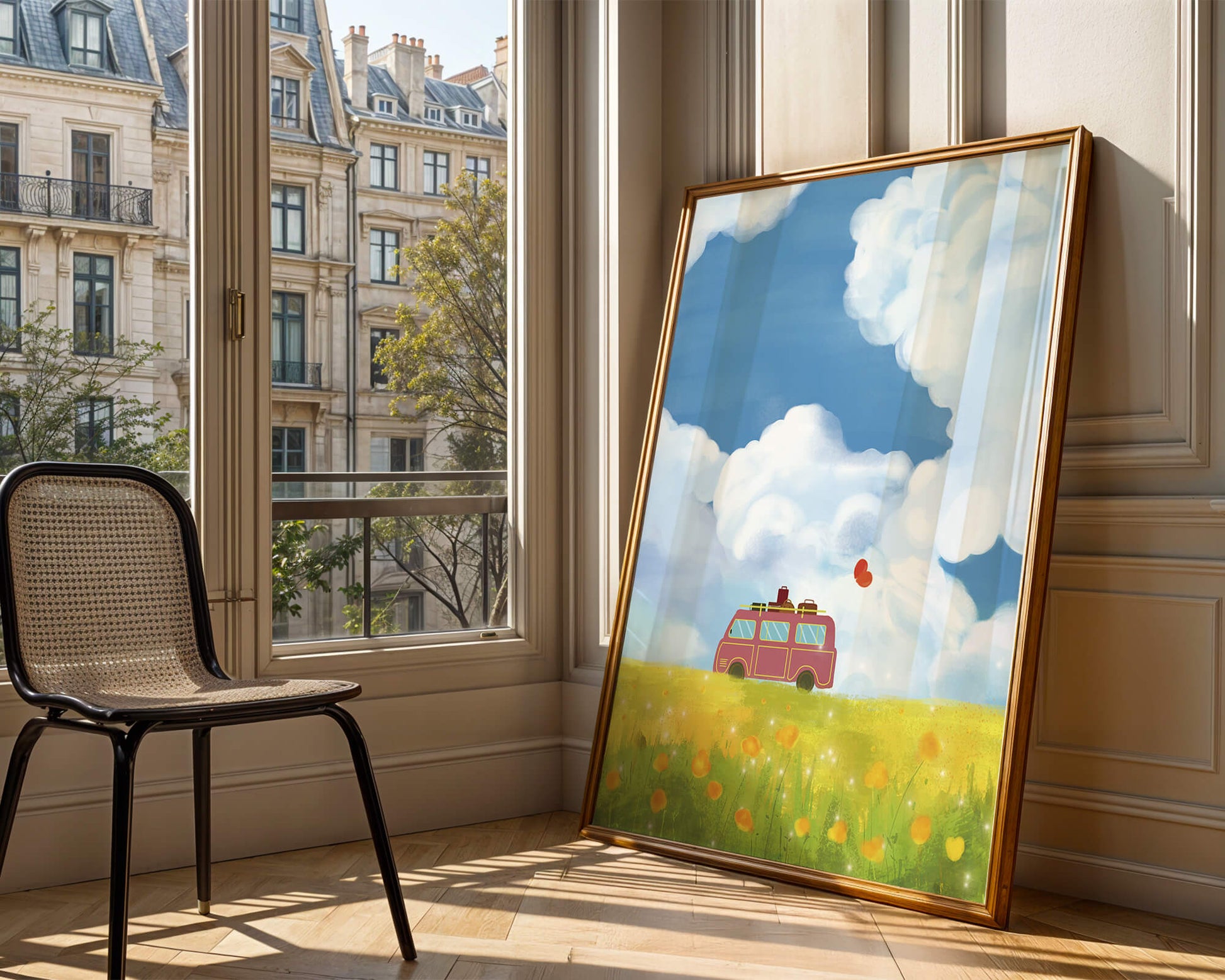 Colorful Van in a Vibrant Field with Balloons and Luggage