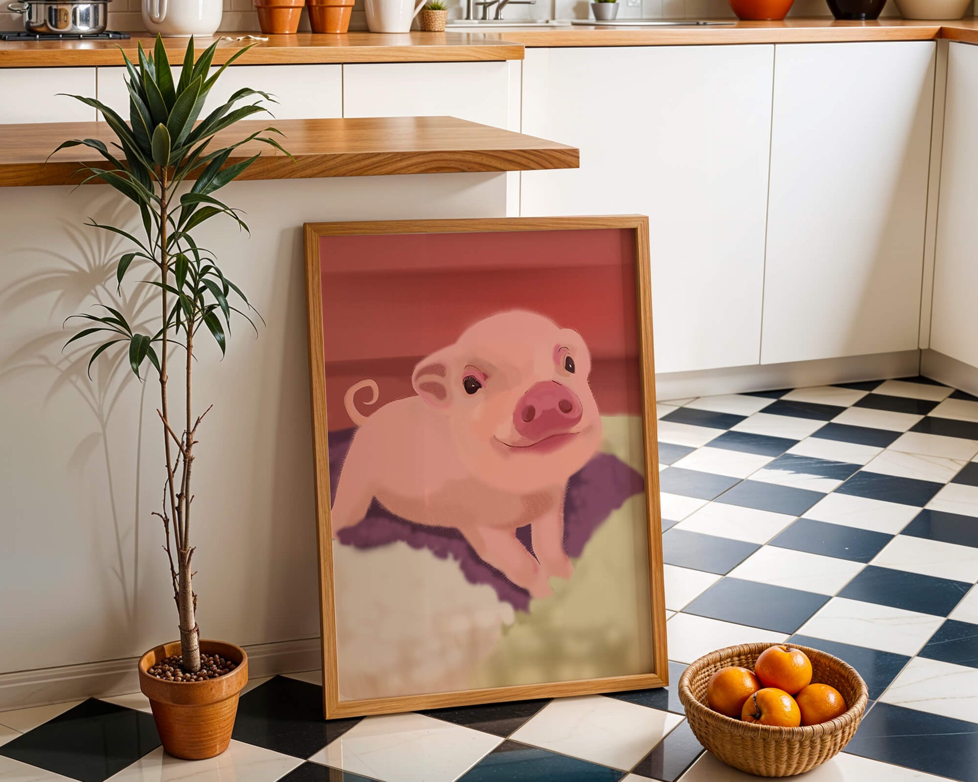 Una encantadora ilustración de un lindo cerdito con un fondo cálido.