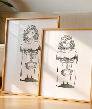 Surreal illustration of a woman with abstract ribcage and melting effect