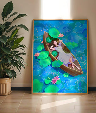 Serene illustration of a girl relaxing in a boat surrounded by lotus leaves and flowers