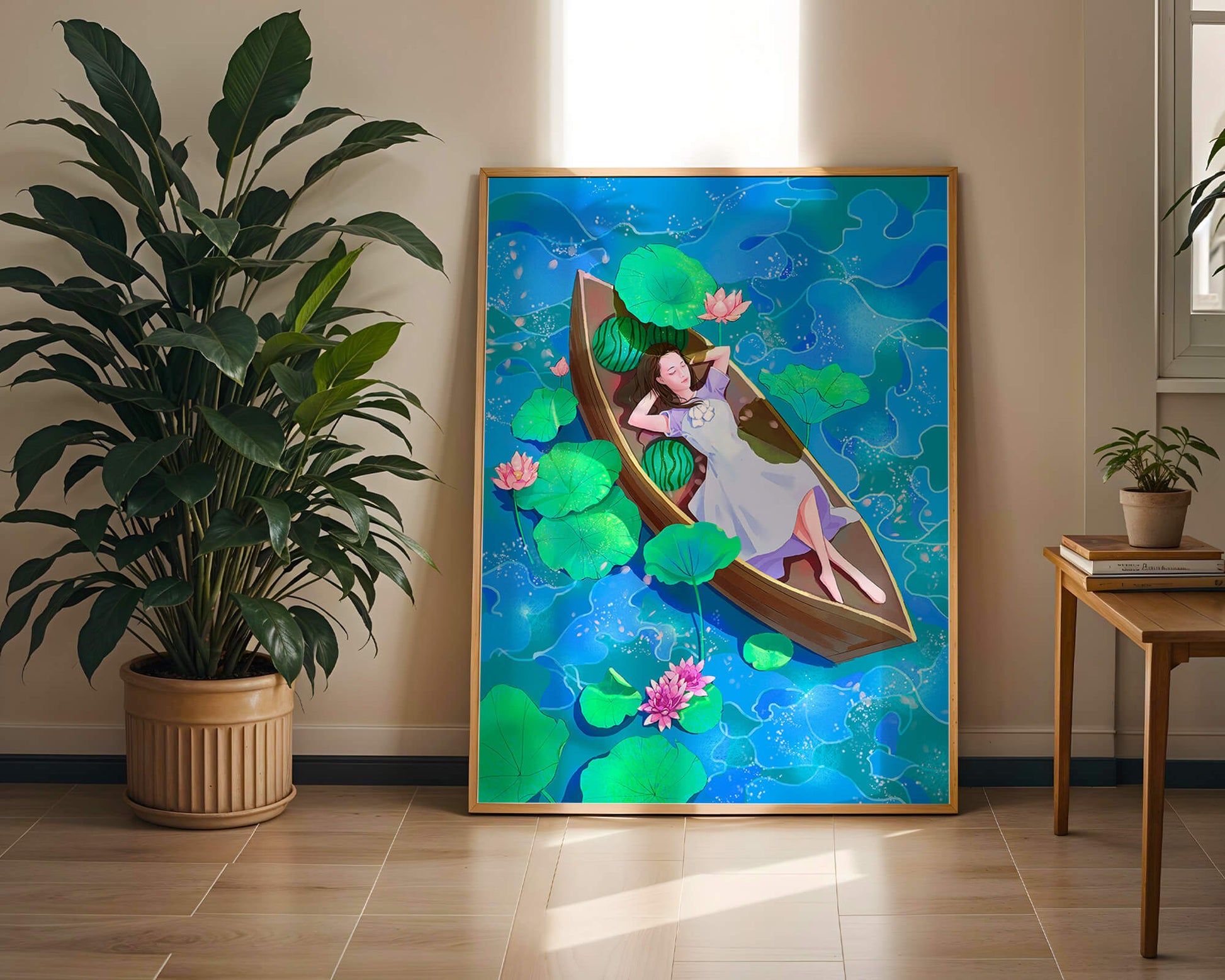 Serene illustration of a girl relaxing in a boat surrounded by lotus leaves and flowers