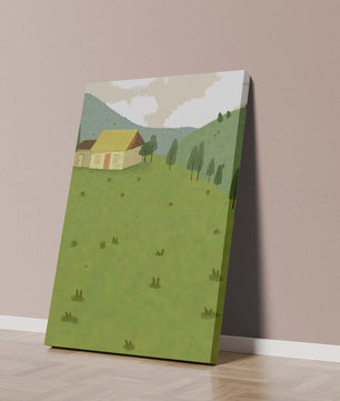 Charming countryside landscape with house and green hills