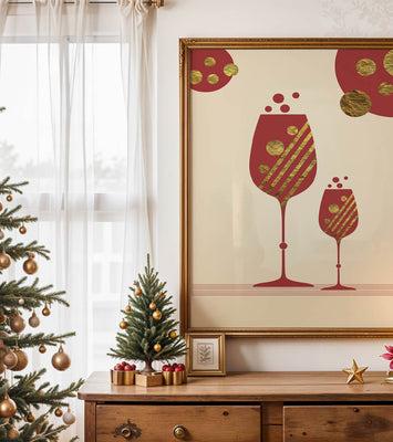 Stylish wine glasses with gold accents and a festive theme