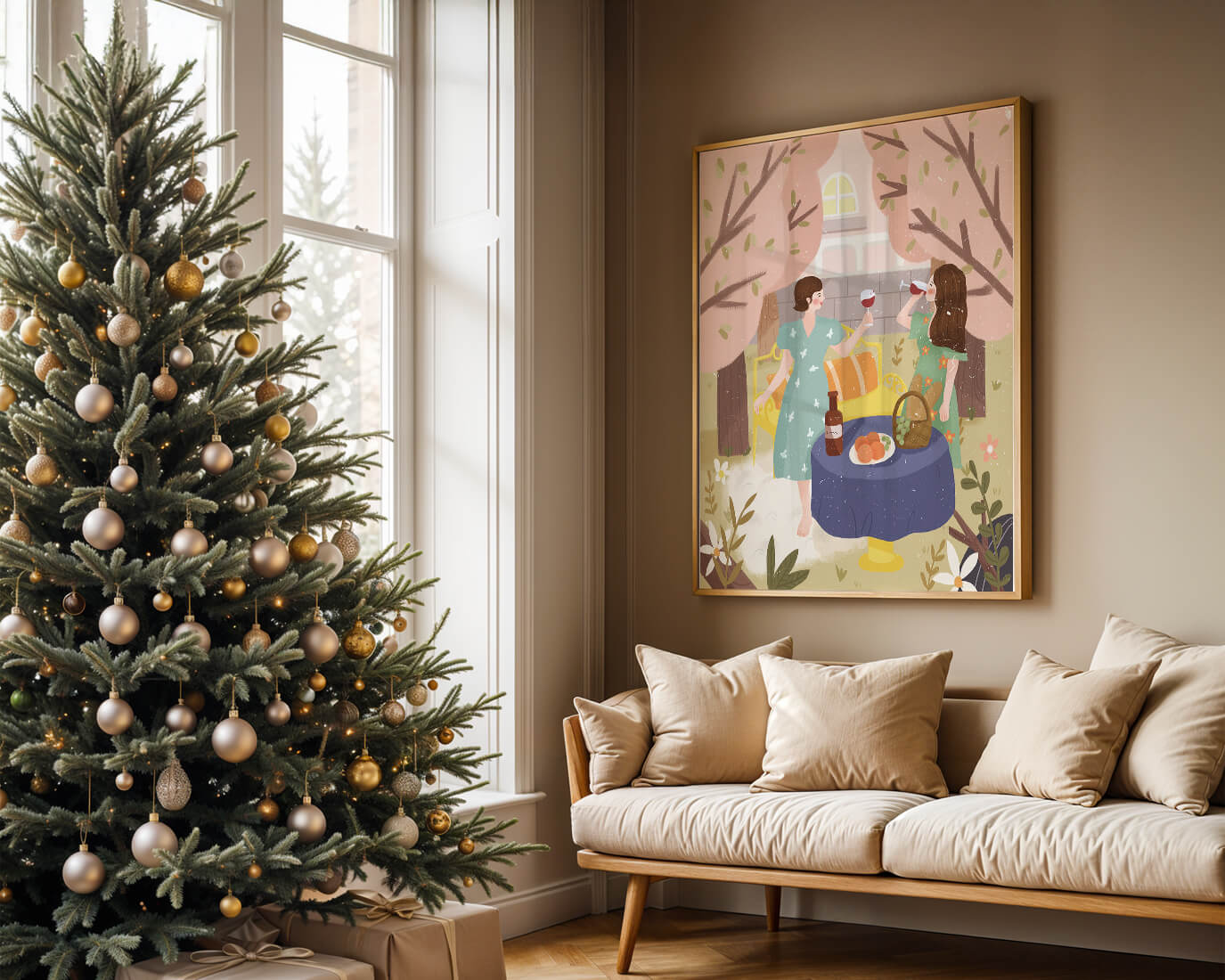 Reunión primaveral en el jardín con vino y frutas