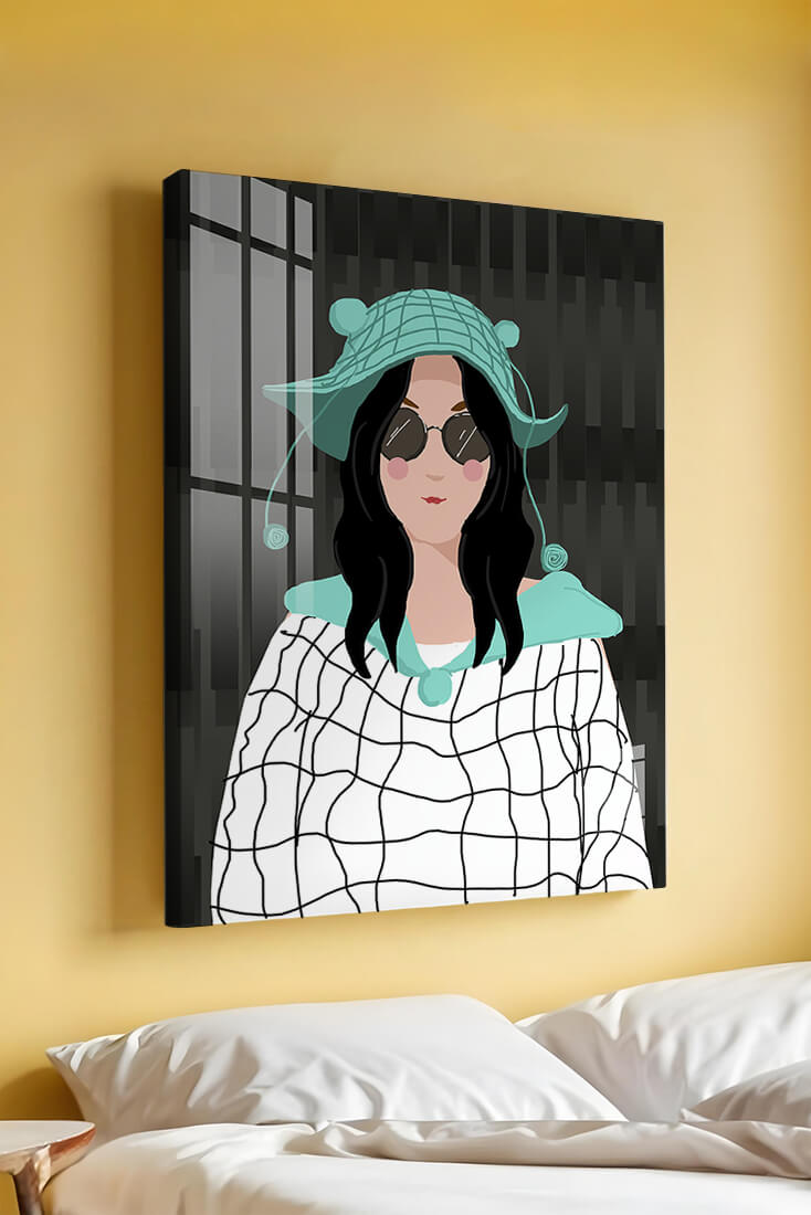 Illustration of a woman in a colorful hat and sunglasses