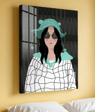 Illustration of a woman in a colorful hat and sunglasses