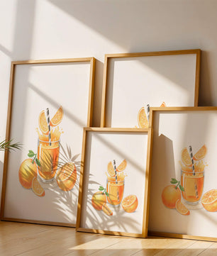 Illustration of a refreshing orange juice with fresh oranges and splash