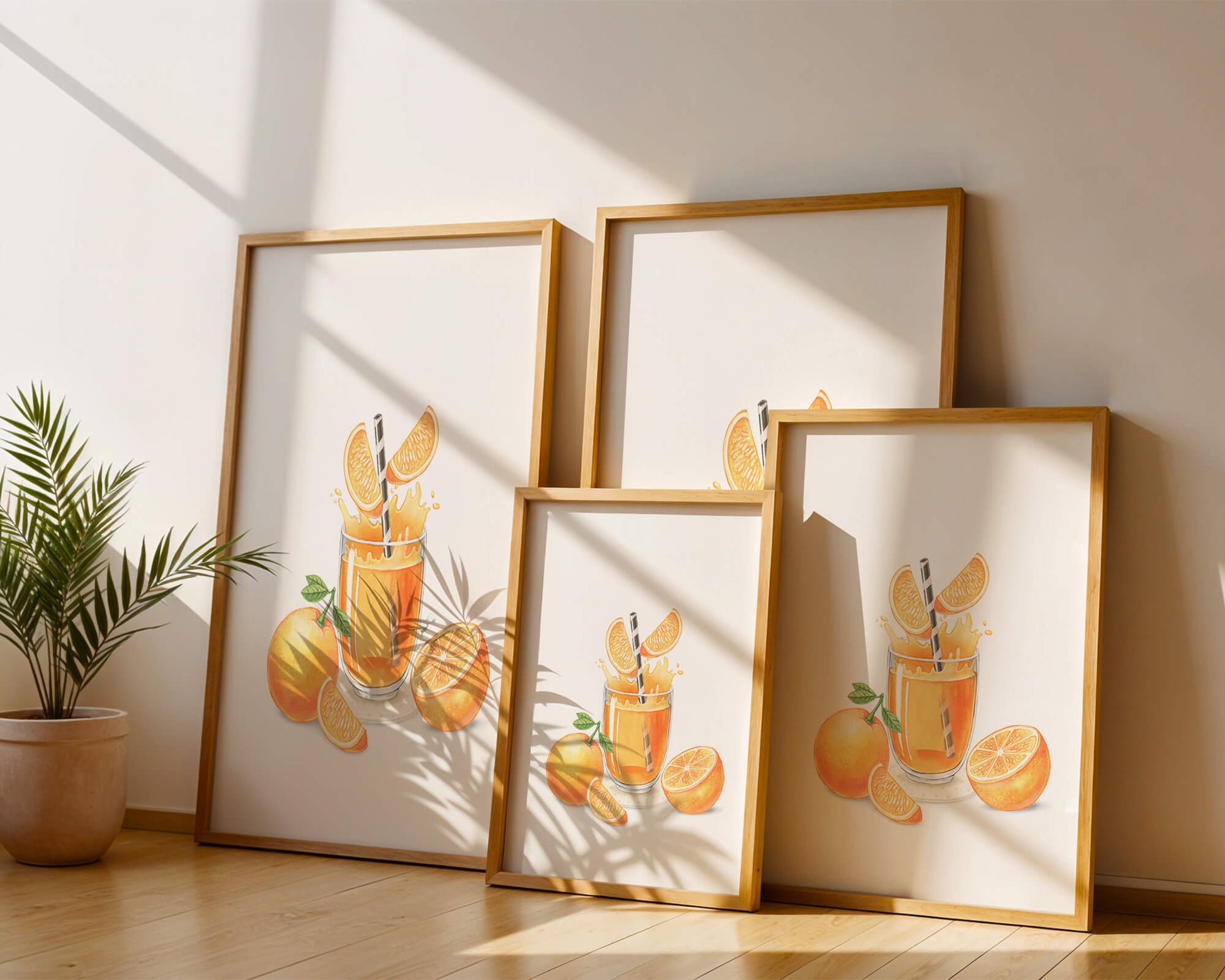 Illustration of a refreshing orange juice with fresh oranges and splash