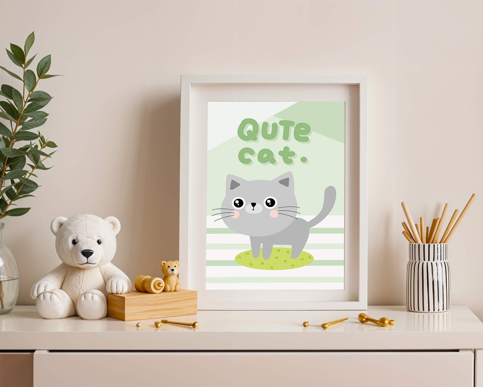 Adorable cartoon cat illustration on pastel background