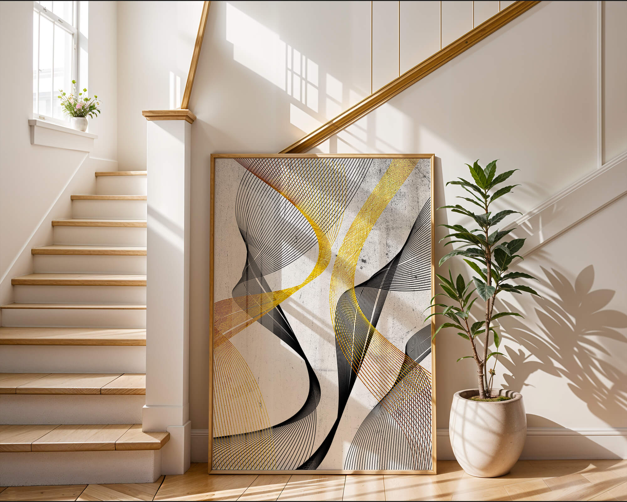 Abstract dynamic lines with golden and black swirls on textured background