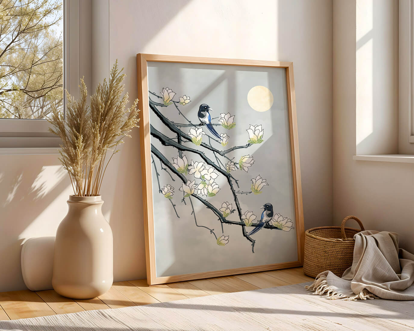 Birds on blossoming branches under a serene moonlit sky