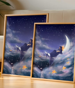 Cielo nocturno soñador con una niña sentada en una luna creciente rodeada de estrellas