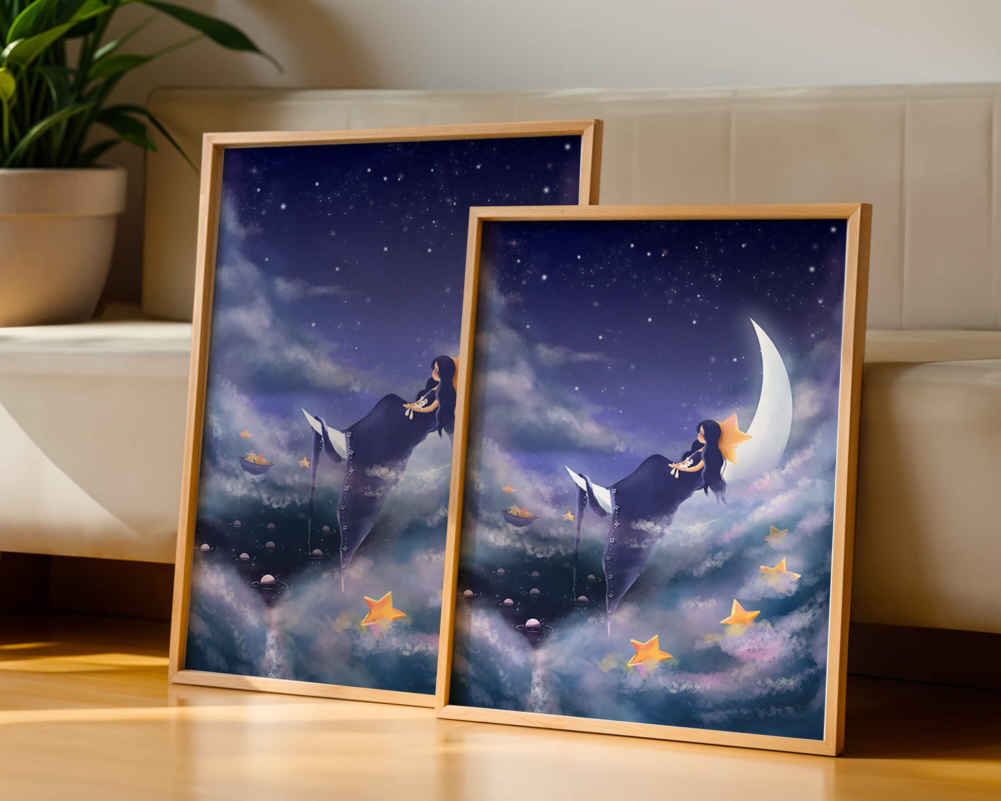 Dreamy night sky with girl sitting on crescent moon surrounded by stars